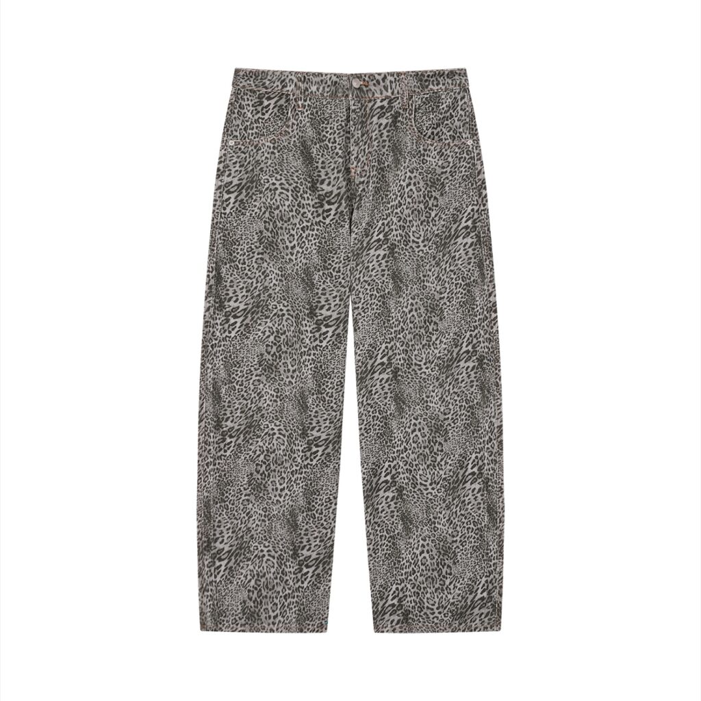 Unisex Vintage Wash Leopard Wide Leg Jeans