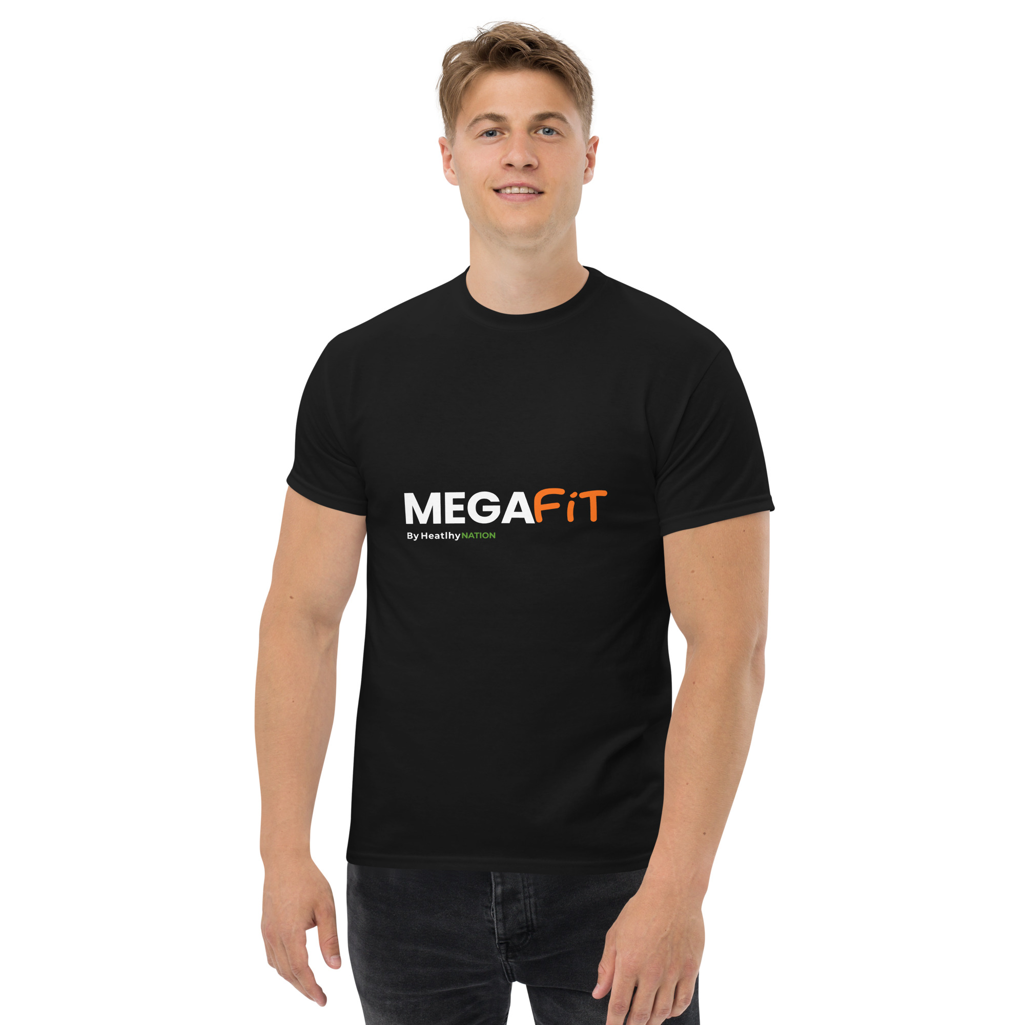 Model wearing the black Mega Fit unisex classic tee